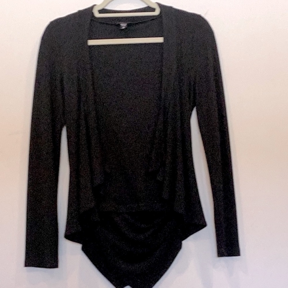 Ronen Chen Blk open drape front high low cardigan with asymmetrical draped back.
